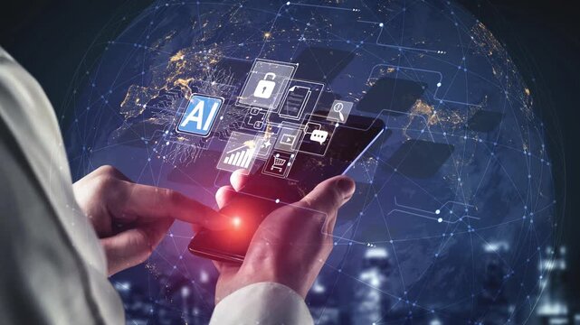 Modern Technology Concept Showcasing Artificial Intelligence and Data Management on Smartphone Against a Digital World Map Background Gluon.