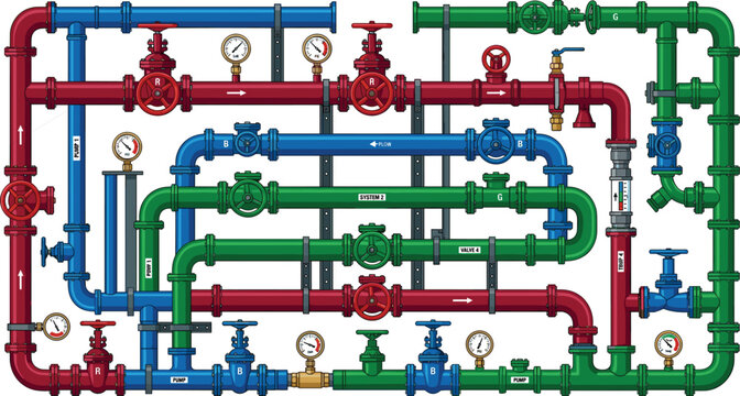 Industrial pipeline system with colorful pipes and valves vector illustrationIndustrial pipeline system with colorful pipes and valves vector illustration
