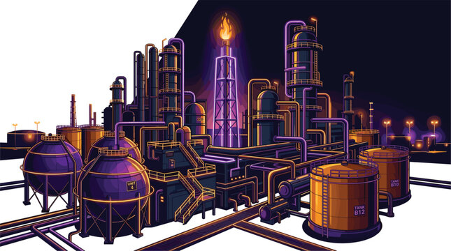 Industrial oil refinery plant vector illustration at nightIndustrial oil refinery plant vector illustration at night