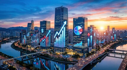 Fototapeta premium Panoramic cityscape with financial growth graphs at sunset