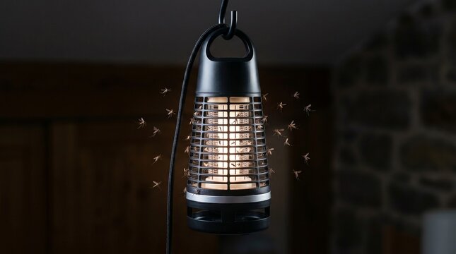 A bug zapper hangs from the ceiling emitting light indoors.