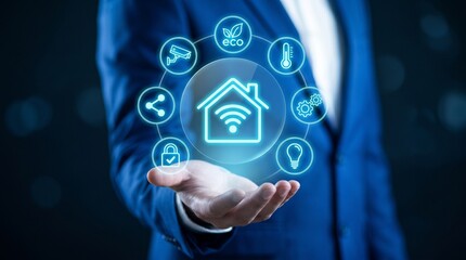 Fototapeta premium Smart home automation concept with a businessman holding a digital interface with house and internet of things icons