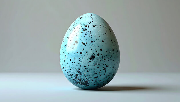 Single speckled blue bird egg standing upright on a neutral gray surface.