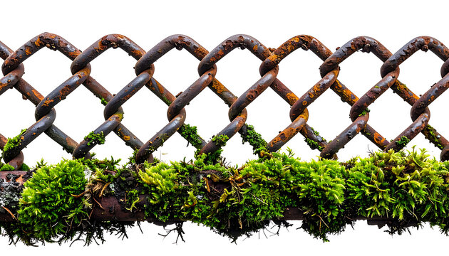 Old Rusty Chain Link Fence Overgrown With Green Moss and Vegetation Isolated on White.
