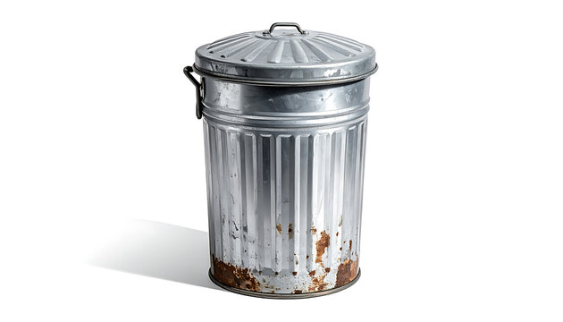 Old weathered galvanized metal trash can with lid and rusty bottom isolated on white background.