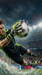 Fototapeta premium Digital Oil Painting of Goalkeeper Diving to Catch Soccer Ball