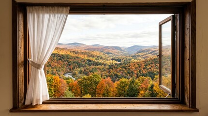 Fototapeta premium Open Window Overlooking Colorful Fall Mountain Landscape