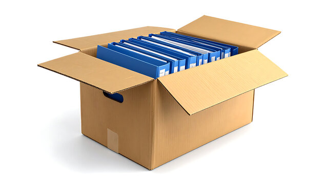 Open cardboard box filled with blue ring binders for office document storage and organization.