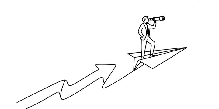 Businessman standing on a paper plane using a telescope to look for future business opportunities and growth with a rising arrow line art drawing style Vector, illustration