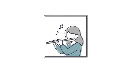 Naklejka premium Woman playing flute, music notes flying, simple line art illustration, hobby and leisure concept