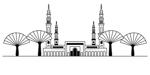 Obraz premium Simple line art illustration of a beautiful islamic mosque building with tall minarets and large decorative palm trees standing in front of the structure Vector, illustration