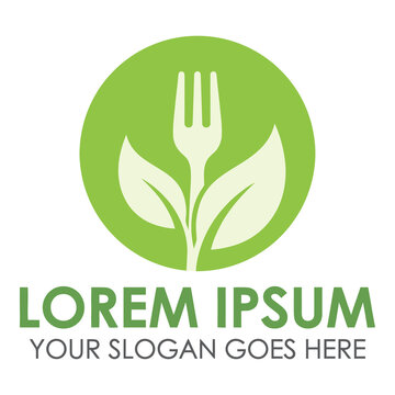 Green logo with fork and leaves in a circle graphic design element icon