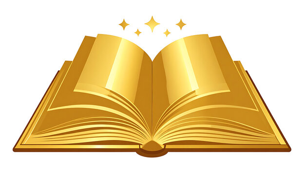 Open golden book with glowing stars and shining metallic pages on white background.
