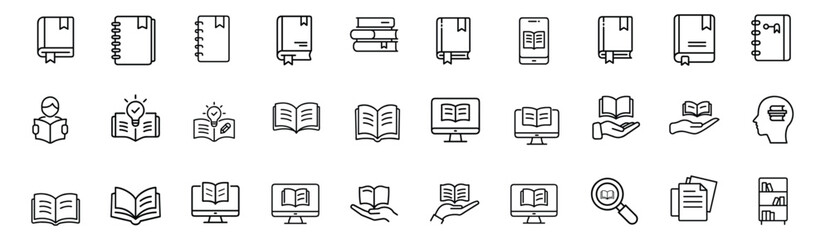 Online course dictionary encyclopedia manual notebook journal web line icons set e learning bookmark display laptop folder reader magnifying glass & more vector illustration with editable stroke © Purnima