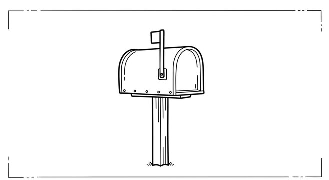 Vintage Mailbox Illustration: Classic American Post Box with Flag, Black and White Sketch