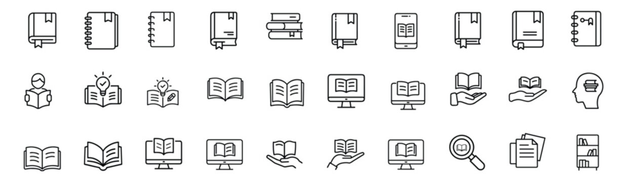 Online course dictionary encyclopedia manual notebook journal web line icons set e learning bookmark display laptop folder reader magnifying glass & more vector illustration with editable stroke