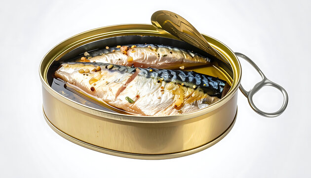 Open tin can of canned mackerel fillets in oil with spices and peppercorns.