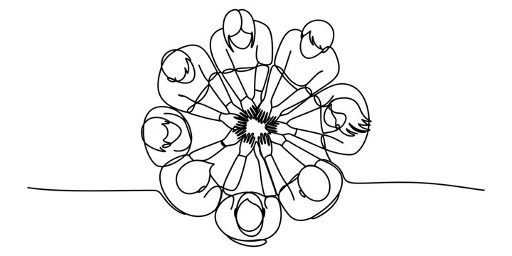Group of people joining hands together in a circle for unity and teamwork as a simple continuous line drawing illustration for business or community Vector, illustration