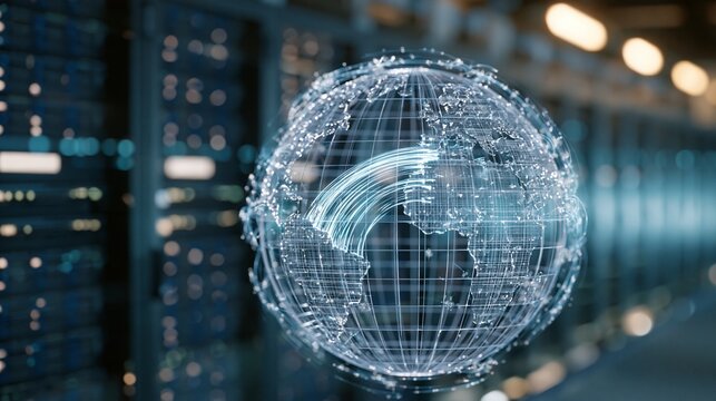 Sideangle medium shot showcasing a wireframe globe emitting bright data streams across continents with a softly blurred background of server racks illuminated by cool industrial