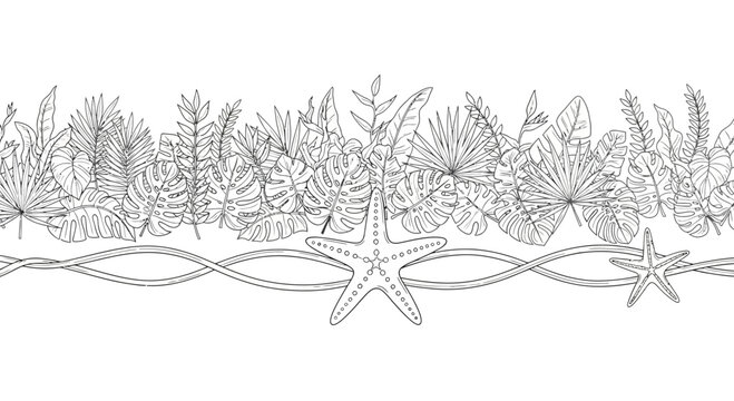 Tropical Leaves Border with Starfish and Rope - Black and White Line Art