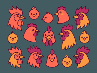 Cute Chicken and Rooster Head Icons Collection in Flat Cartoon Style © juki