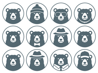 Obraz premium Minimalist bear icon set with diverse character accessories