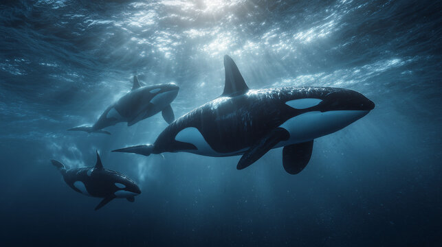 Shark and Dolphin Swimming Underwater in Blue Ocean Sea Life Illustration