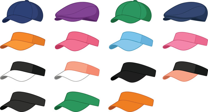 Collection of colorful baseball caps and sun visors