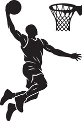 Obraz premium Black silhouette basketball player, dunking ball, sports icon, athletic vector
