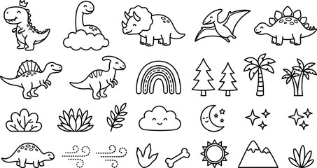 Cute cartoon dinosaurs and prehistoric nature elements line art vector icons for coloring book © Imran