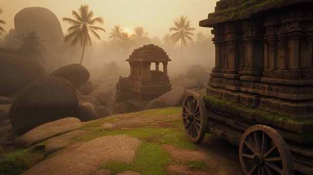 Slow Dolly Through Hampi Boulder-Strewn Landscape at Dawn &ndash; Ancient Stone Chariot and Ruins, Karnataka India