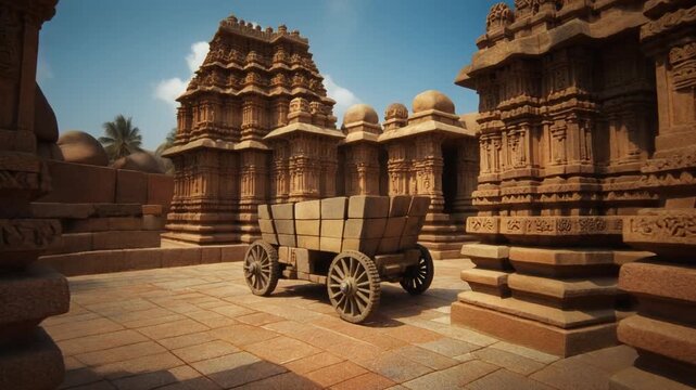 Wide Cinematic Establishing Shot of Hampi Vittala Temple Complex Under Brilliant Blue Sky, Karnataka India