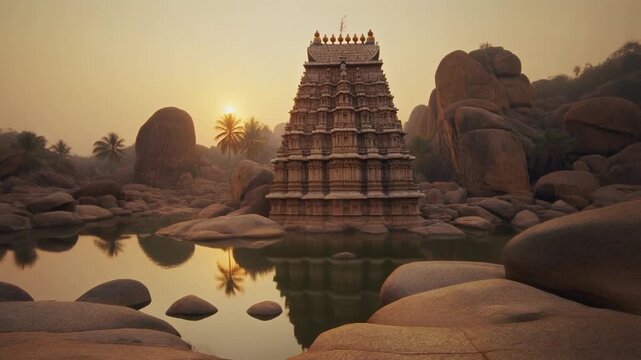 Cinematic Rising Shot Revealing Hampi Virupaksha Temple at Sunrise with Warm Golden Light, India