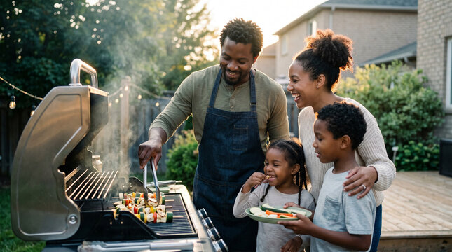 Black family grilling food at backyard barbecue party.