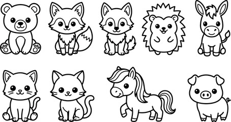 Obraz premium Cute cartoon line art vector icons of woodland and farm animals for coloring page