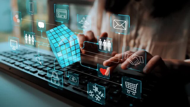 Digital Transformation in E-commerce with Keyboard Interaction and Various Online Services Icons Representing Technology and Innovation. Entropy.