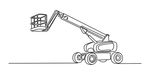 Continuous single line drawing of an aerial work platform lift boom truck used for construction and industrial maintenance work in a simple minimalist style Vector, illustration ©  MCB Vector