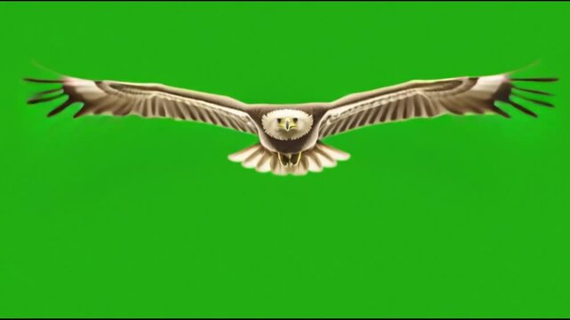Bald eagle flying towards camera on green screen background
