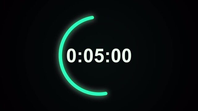 Bright neon green glowing ten minute countdown timer depleting smoothly on black screen providing a crisp abstract light leaks overlay 4K UHD