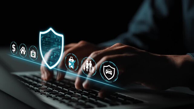 Digital security concept with hands typing on laptop showcasing icons of safety, protection, and technology in a dark environment for online transactions and data privacy. Entropy.
