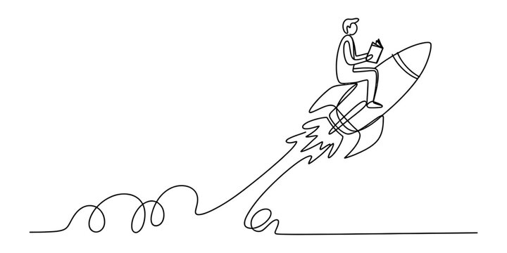 A young man reading a book while riding a fast rocket ship as a continuous single line drawing for creative education and innovation business concept art Vector, illustration
