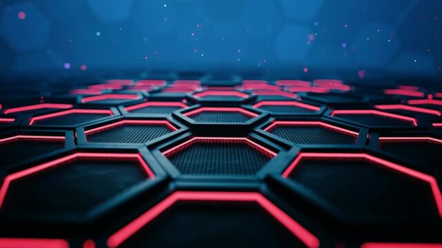 Futuristic hexagonal grid with glowing neon red edges and energy pulses animation loop