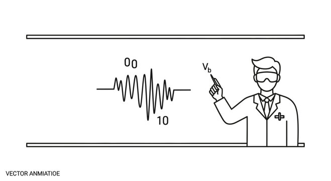 Scientist Analyzing Waveform Data on Digital Screen with Binary Code