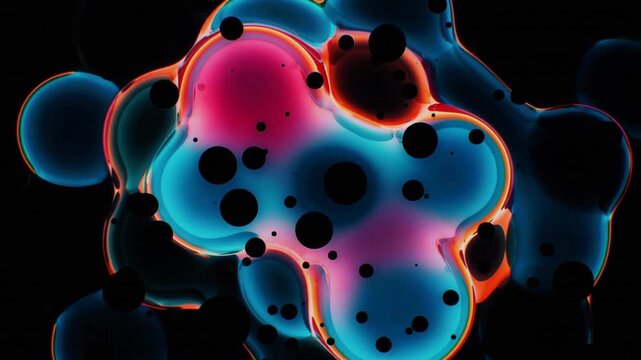 Animated colorful microscopic liquid cells and bubbles with glowing edges on dark background loop
