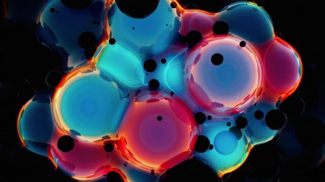 Animated colorful microscopic liquid cells and bubbles on dark background loop