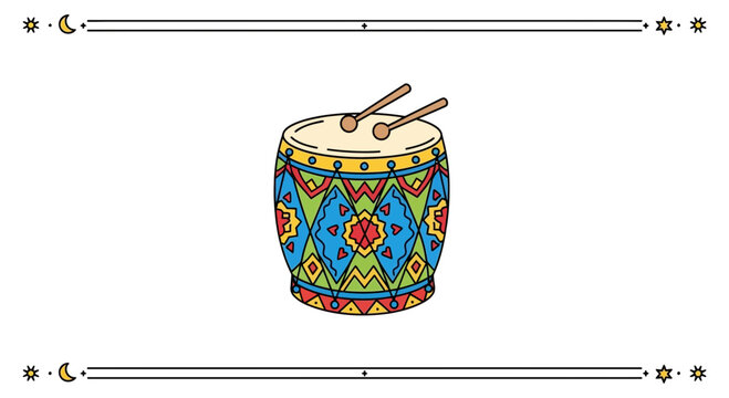 Ramadan Drum (Daf) with Decorative Pattern and Drumsticks, Islamic Celebration