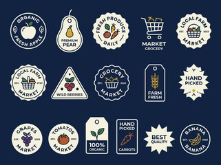 Set of flat vector farmers market labels and organic food badges for branding, packaging, and healthy lifestyle marketing. © Fajar