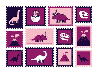 Set of Cute Dinosaur and Prehistoric Postage Stamp Vector Illustrations © Fajar