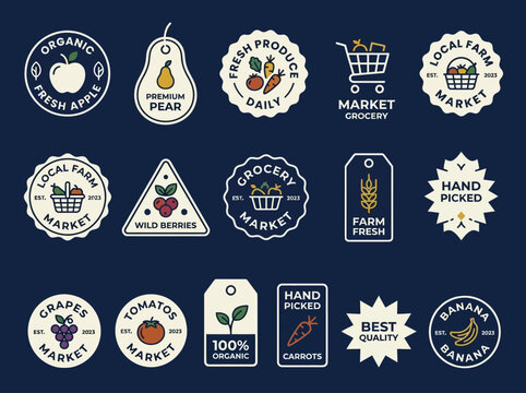 Set of flat vector farmers market labels and organic food badges for branding, packaging, and healthy lifestyle marketing.