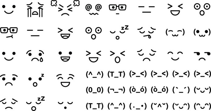 Minimalist kaomoji emoticons and simple cartoon line art facial expressions vector icons set